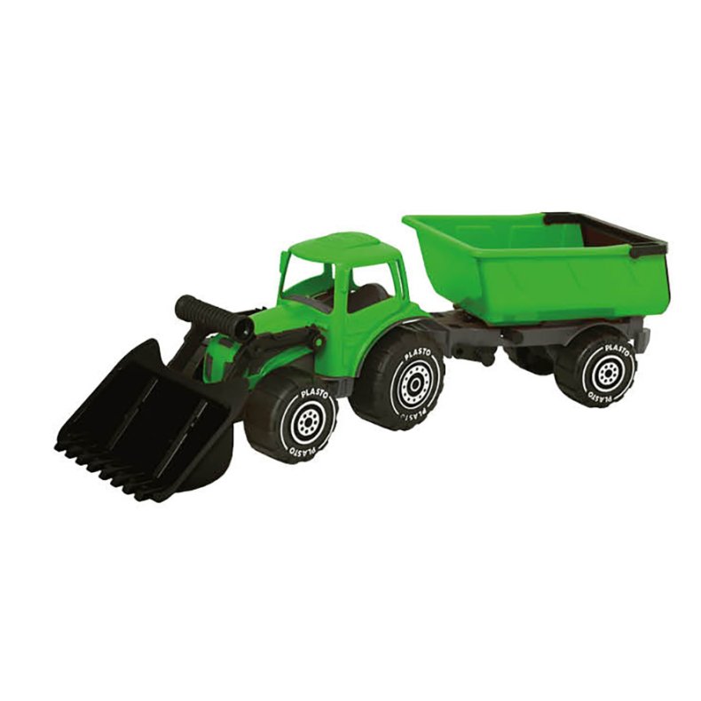 Traktor med skuffe og tilhenger � gr�nn